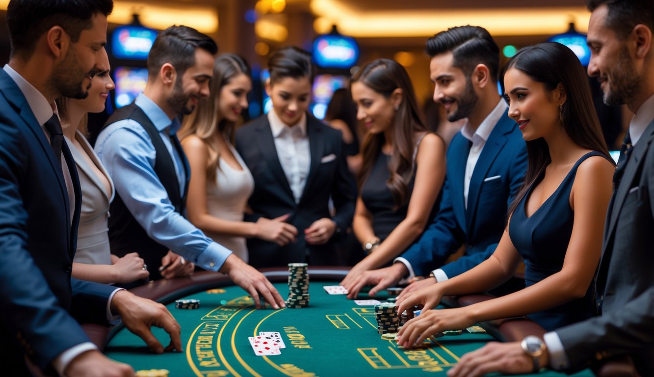 Orang-orang bermain blackjack di meja kasino dengan suasana yang aman dan terpercaya.