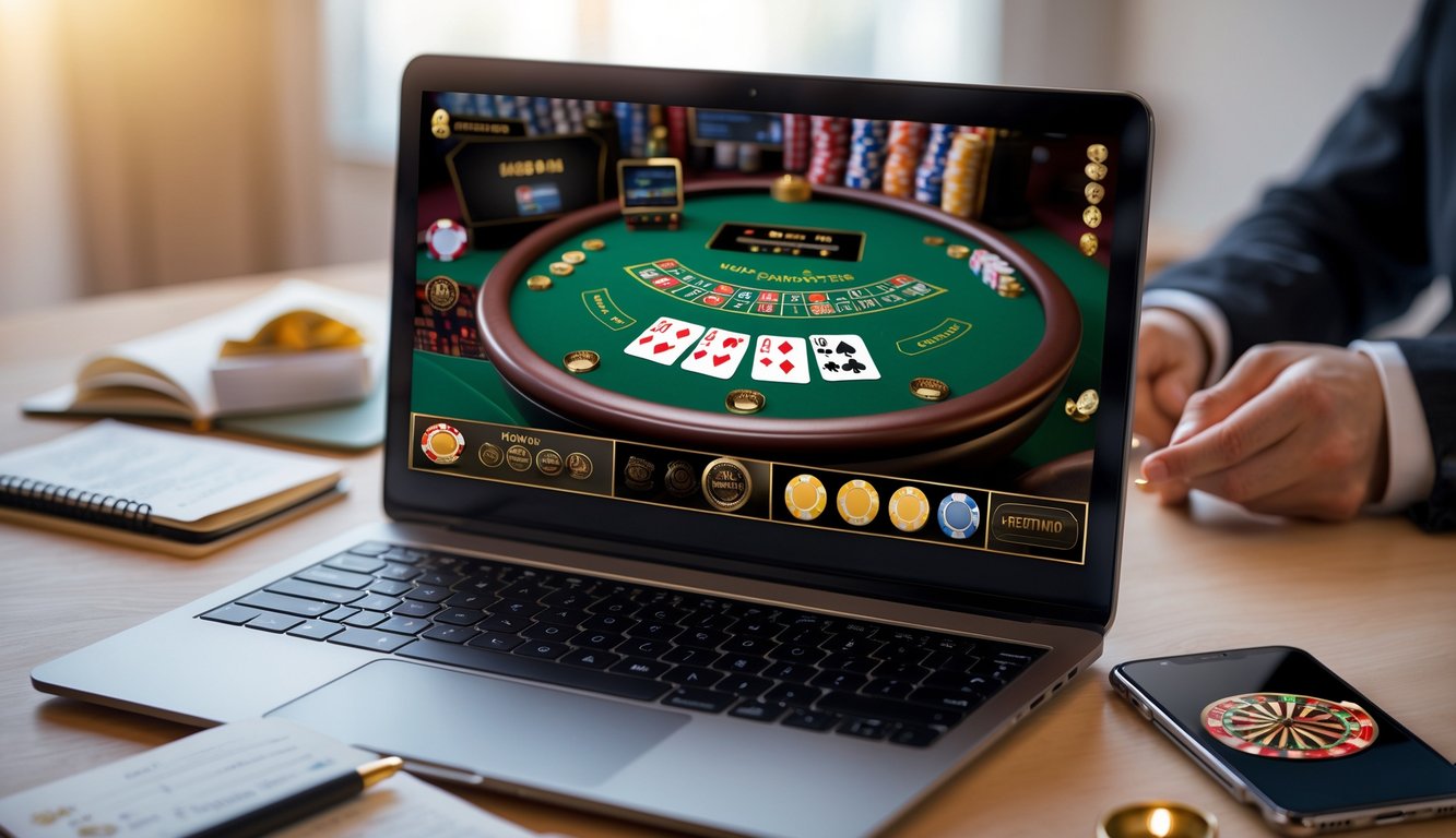 Seorang pemain sedang menggunakan laptop dengan permainan blackjack online di layar, di meja terdapat catatan dan ponsel yang menunjukkan suasana bermain kasino.