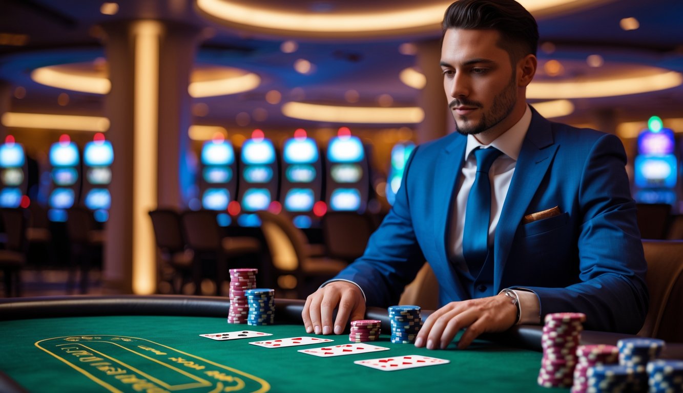 Seorang pemain duduk di meja blackjack dengan kartu dan chip di depan, di dalam lingkungan kasino yang mewah.