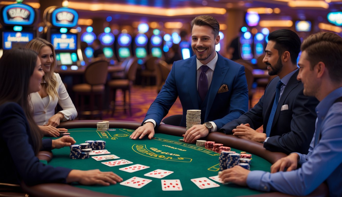 Meja blackjack kasino dengan dealer langsung dan pemain yang sedang bermain di lingkungan kasino yang ramai.