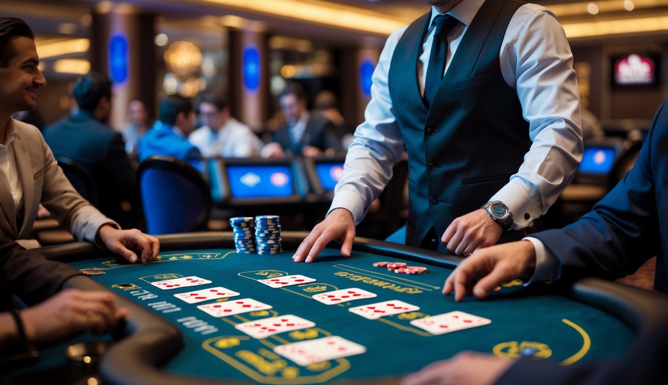 Seorang dealer kartu yang rapi melayani pemain di meja blackjack di dalam kasino yang mewah dan terang.