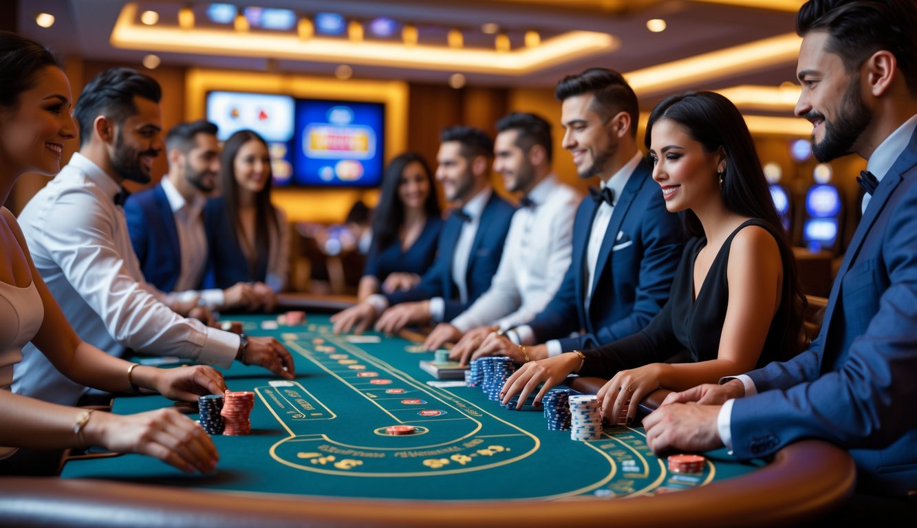 Suasana meja blackjack di kasino dengan pemain yang sedang bermain, dikelilingi pencahayaan hangat dan dekorasi mewah.