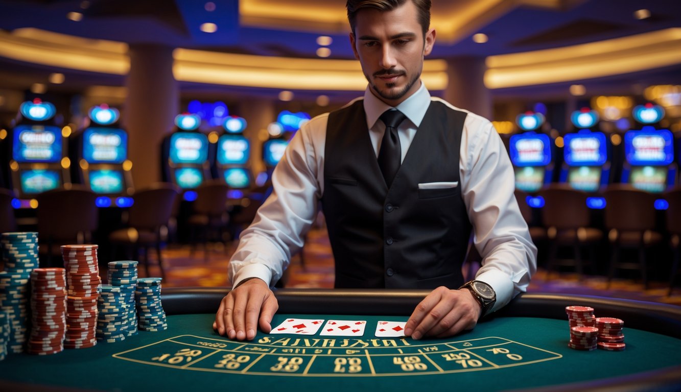 Seorang dealer kartu di meja blackjack dengan tumpukan chip, latar belakang menampilkan fitur keamanan dan tampilan jackpot di kasino.