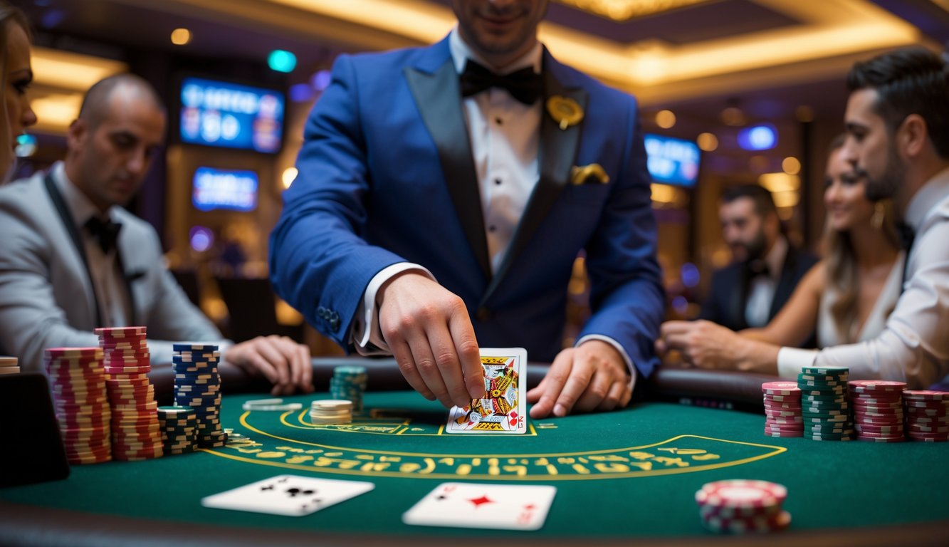 Meja blackjack di kasino dengan dealer dan pemain yang fokus bermain kartu, suasana mewah dan aman.