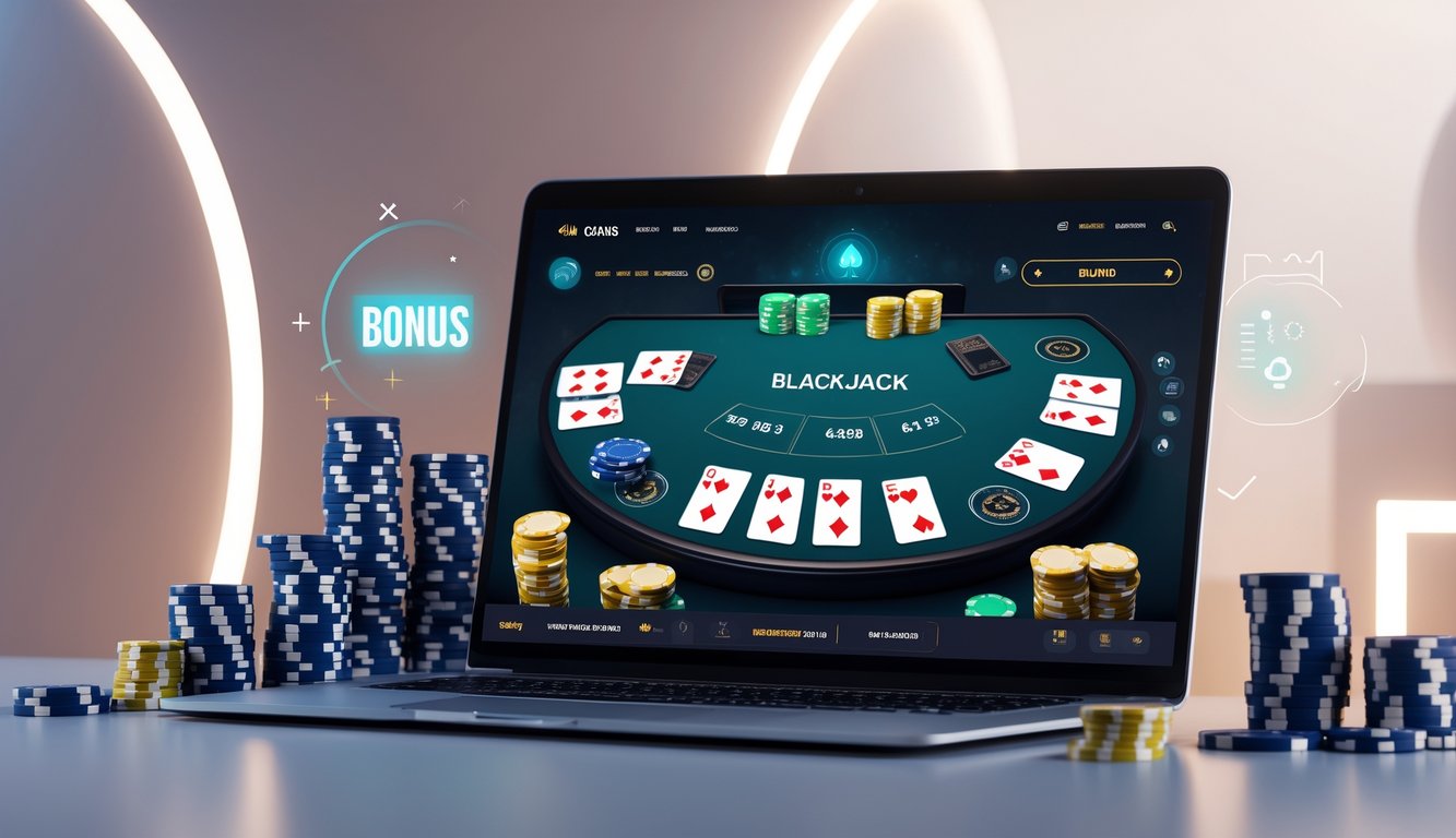 Seorang pemain sedang bermain blackjack online di depan komputer dengan kartu dan chip kasino di sekitarnya.