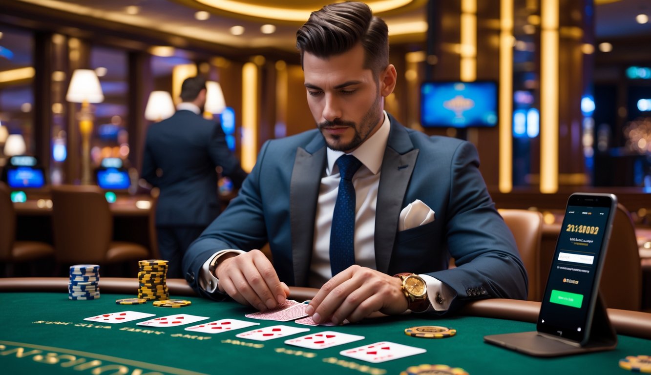 Seorang pria duduk di meja blackjack kasino yang mewah, fokus pada kartu di tangannya dengan dealer di latar belakang dan perangkat digital di meja.