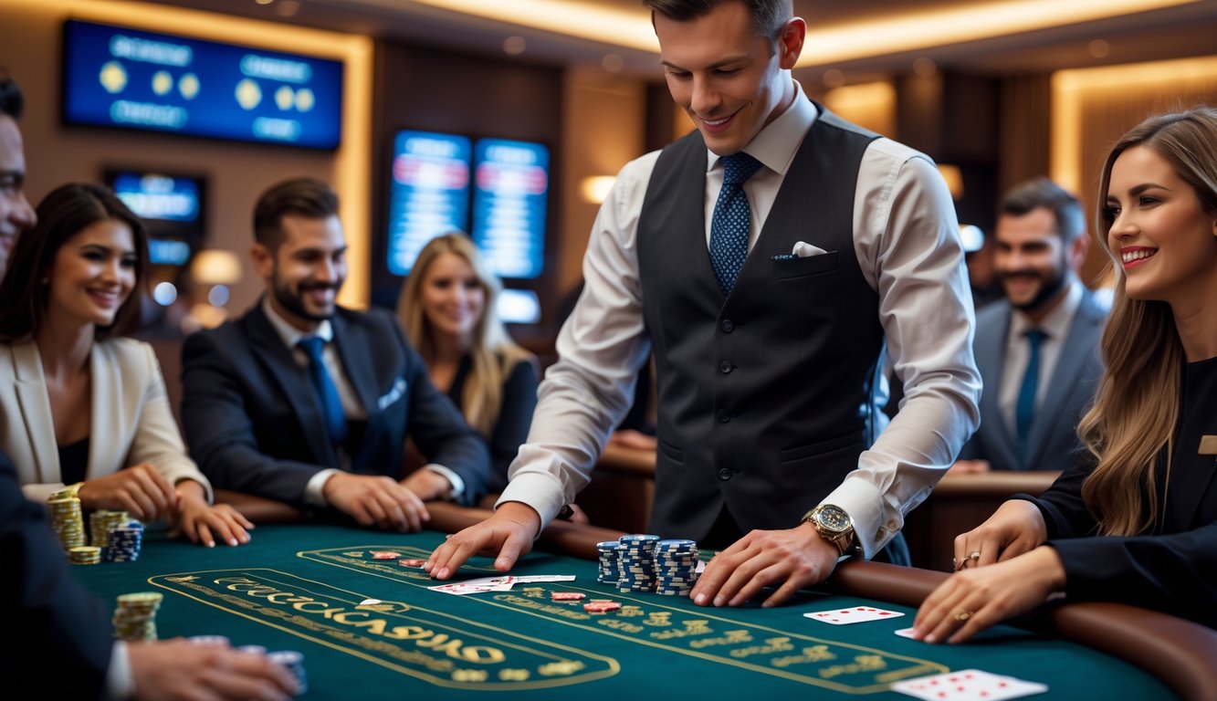 Seorang dealer dan beberapa pemain sedang bermain blackjack di meja kasino dengan suasana profesional dan terpercaya.