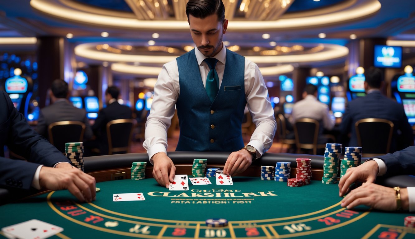 Seorang dealer berjubah rapi sedang membagikan kartu blackjack kepada pemain di meja kasino dengan suasana mewah dan profesional.