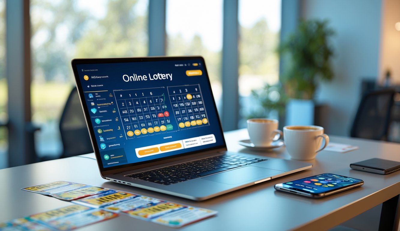 Meja kerja modern dengan laptop menampilkan antarmuka lotere online, tiket lotere, dan smartphone di dalam ruangan kantor yang terang.