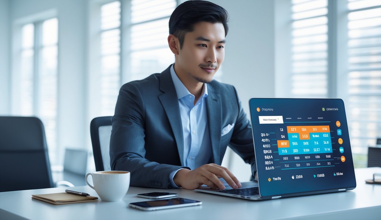 Seorang pria Asia duduk di meja dengan laptop, fokus melihat layar yang menampilkan grafik dan angka, di ruangan kantor modern yang terang.