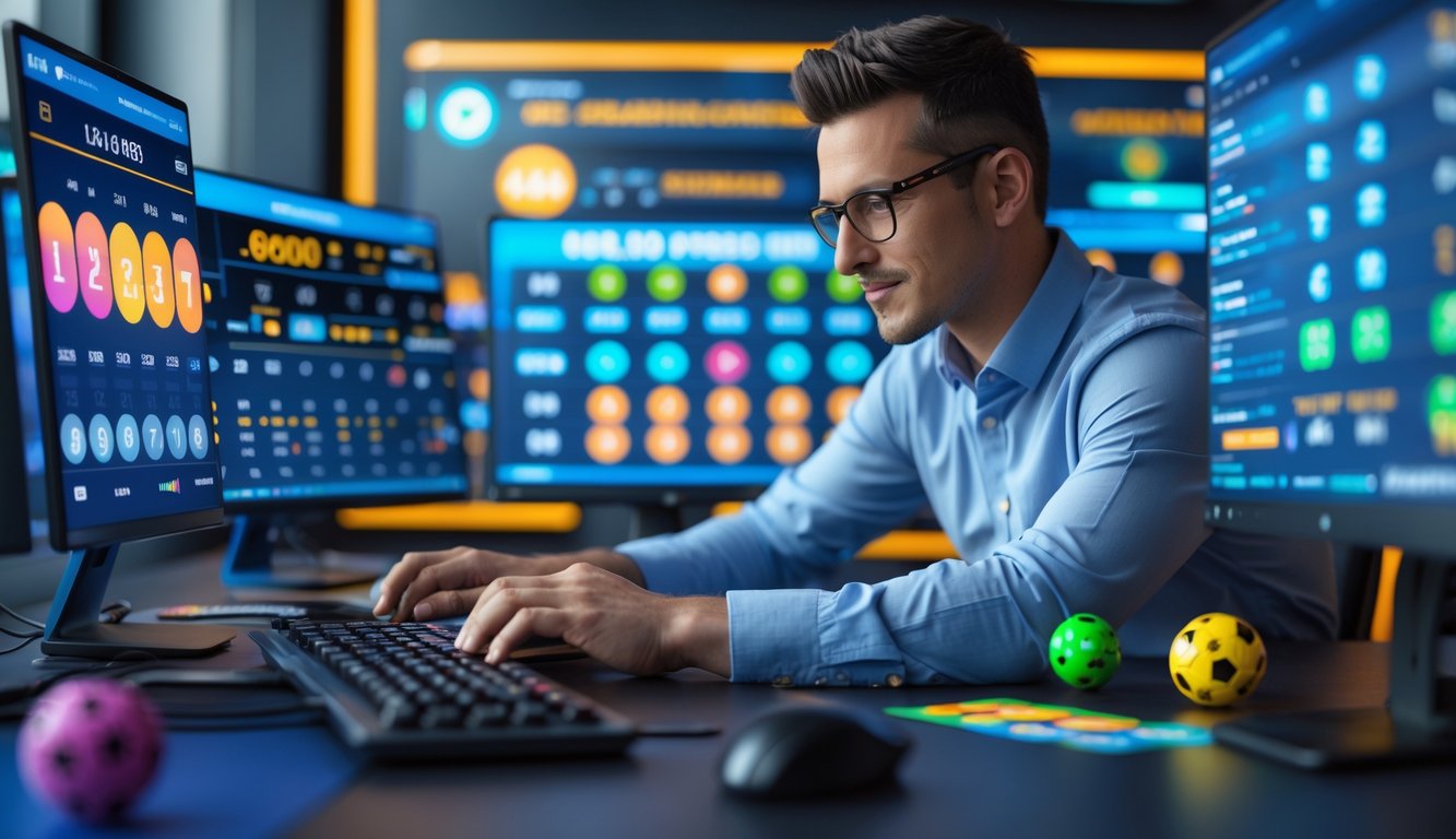 Seorang profesional sedang bekerja dengan beberapa layar komputer yang menampilkan grafik dan angka terkait permainan lotere online di ruang kerja modern.