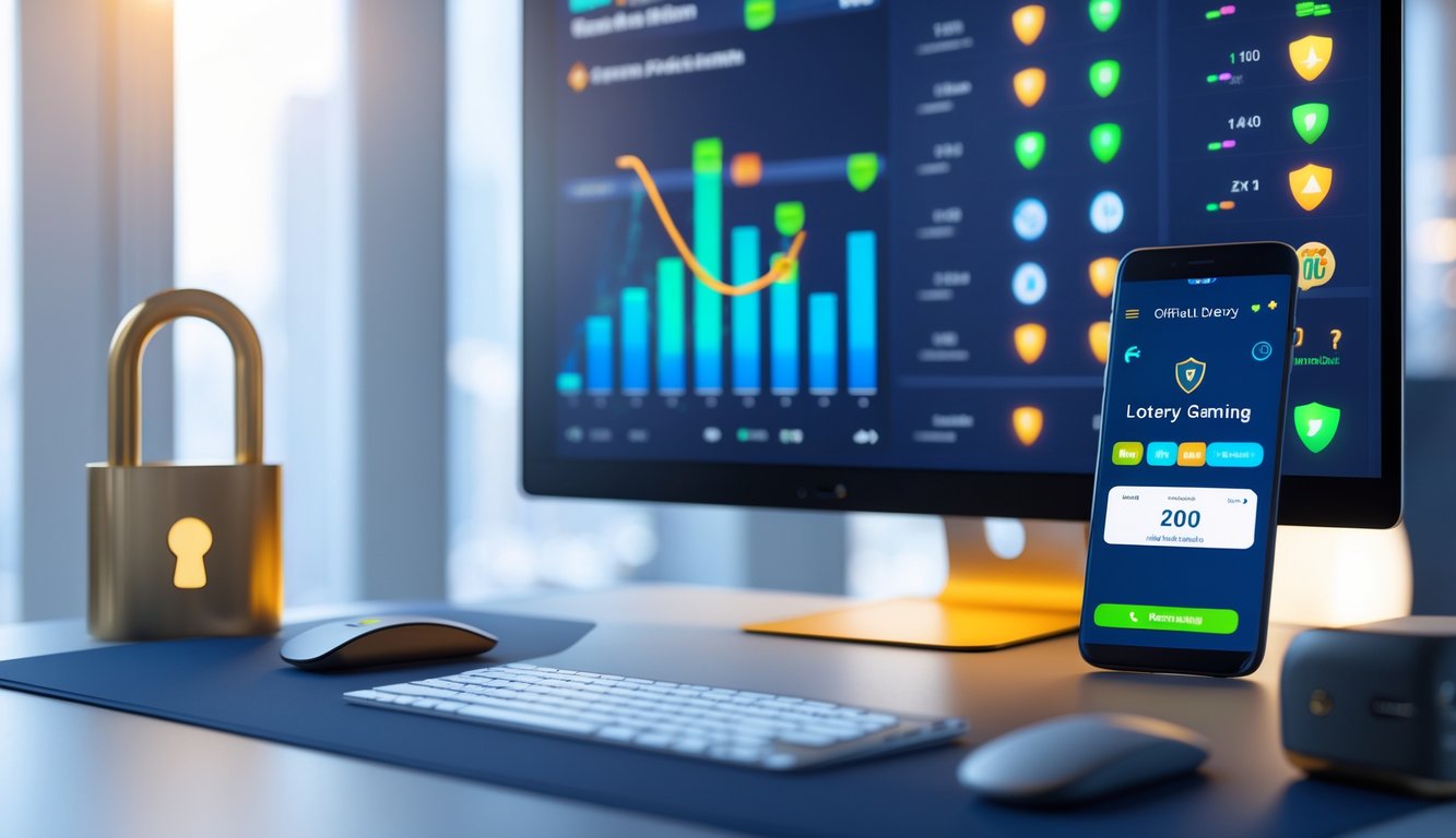 Meja kerja modern dengan komputer dan smartphone menampilkan data terkait permainan togel online.