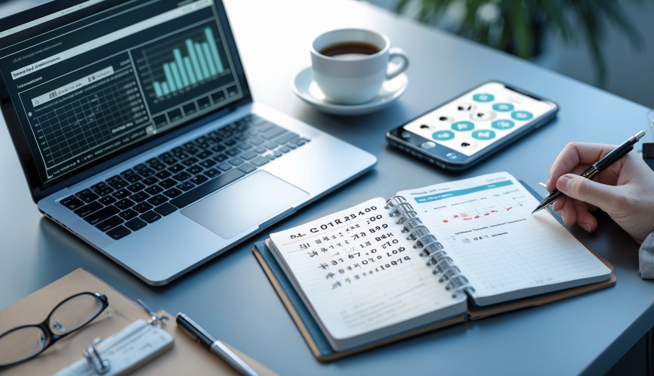 Meja kerja dengan laptop, smartphone, dan buku catatan yang menunjukkan aktivitas prediksi angka togel secara online.