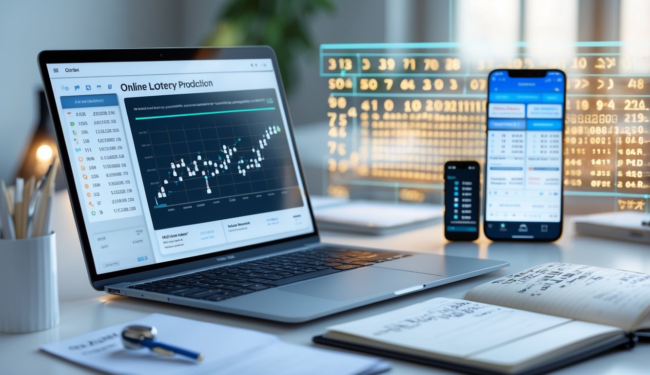 Meja kerja modern dengan laptop, ponsel, dan catatan yang menunjukkan prediksi angka togel online.