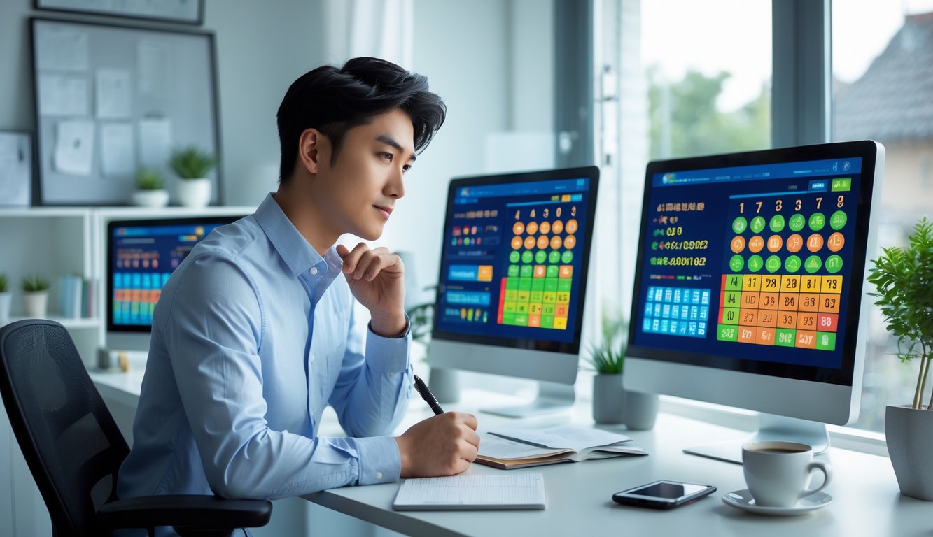 Seorang pria muda duduk di meja dengan beberapa layar komputer yang menampilkan angka lotere dan grafik, sedang menganalisis data dengan serius di ruang kerja yang rapi.
