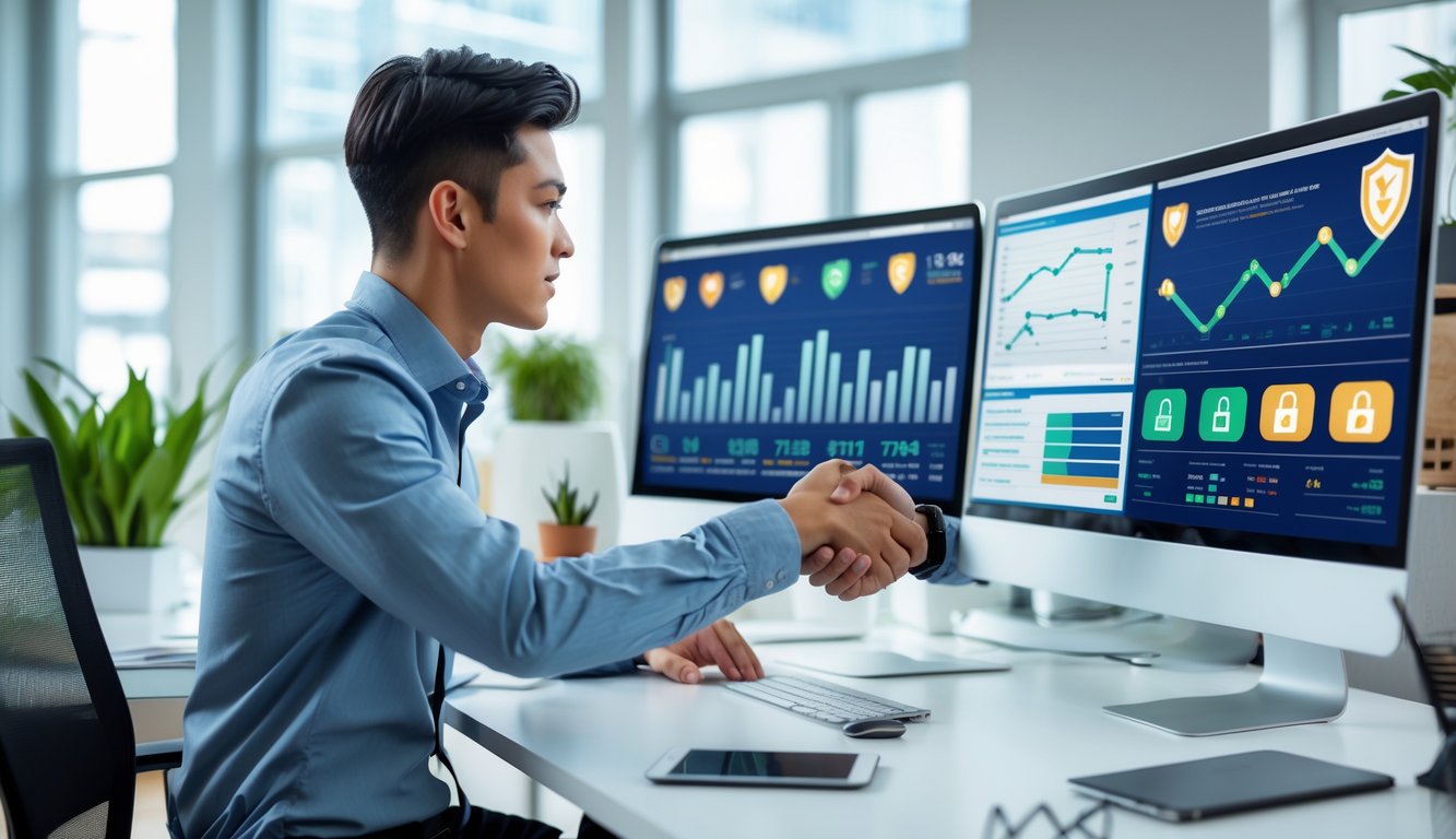 Seorang pria muda sedang bekerja di kantor modern dengan beberapa layar komputer menampilkan grafik, suasana profesional dengan simbol keamanan dan jabat tangan antara dua orang.