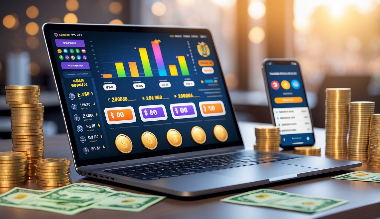 Seseorang menggunakan laptop di meja kerja dengan koin dan tiket lotere di sekitarnya, menunjukkan konsep permainan togel online dan peluang menang tinggi.