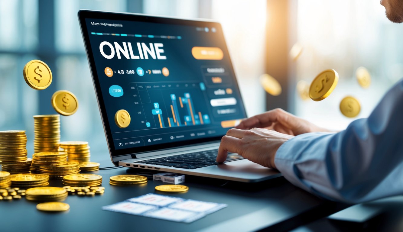 Seorang profesional menggunakan laptop di meja kerja dengan tampilan platform togel online dan elemen koin serta tiket di sekitarnya.