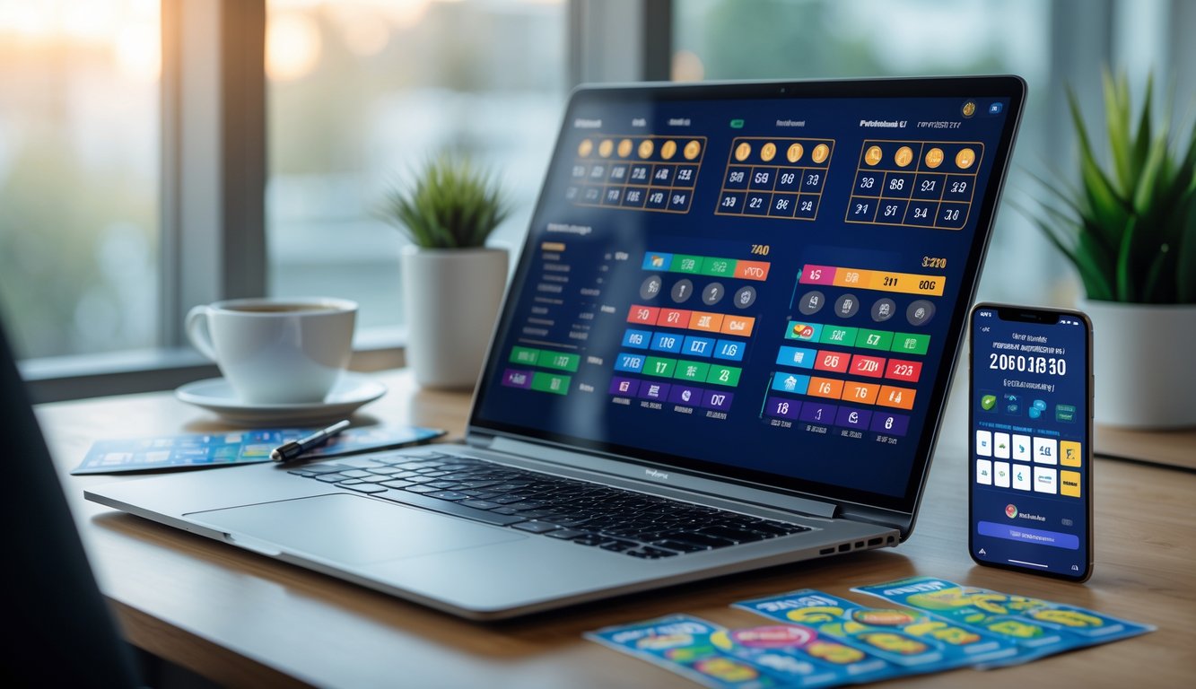 Seorang pria duduk di depan laptop dengan layar yang menampilkan angka dan grafik prediksi togel, di meja terdapat tiket togel dan ponsel dengan aplikasi taruhan.