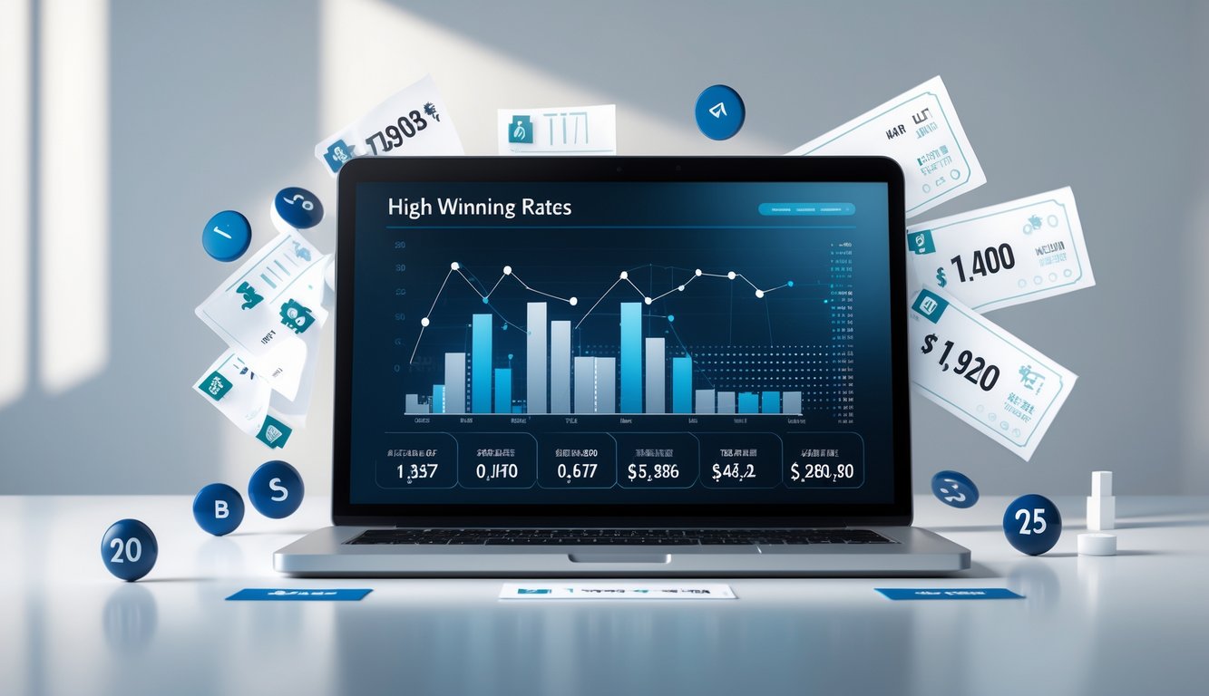 Seorang pria menggunakan laptop dengan grafik statistik kemenangan di layar komputer.