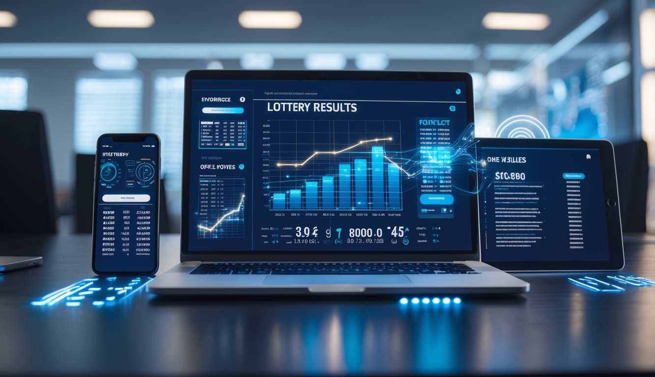 Sebuah ruang kerja modern dengan laptop dan perangkat digital menampilkan grafik statistik togel online.