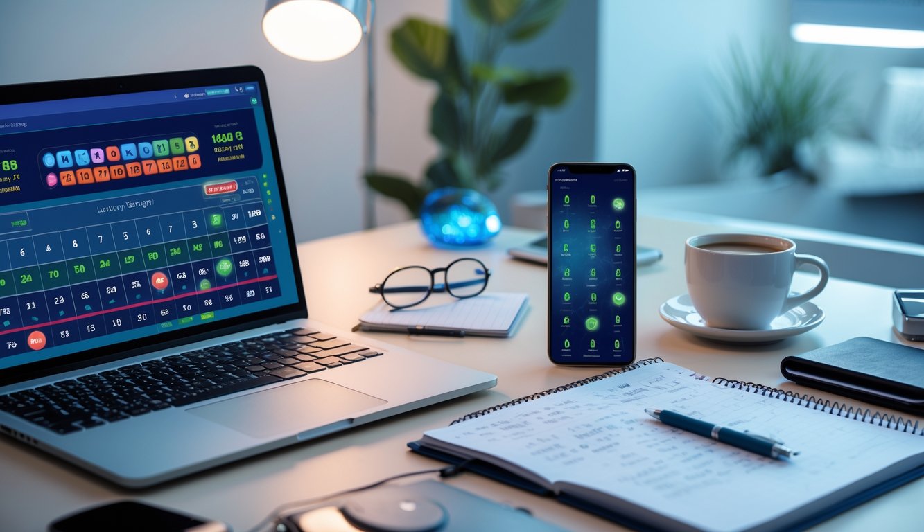 Meja kerja modern dengan laptop, ponsel, dan buku catatan yang menunjukkan aktivitas strategi togel online malam ini.