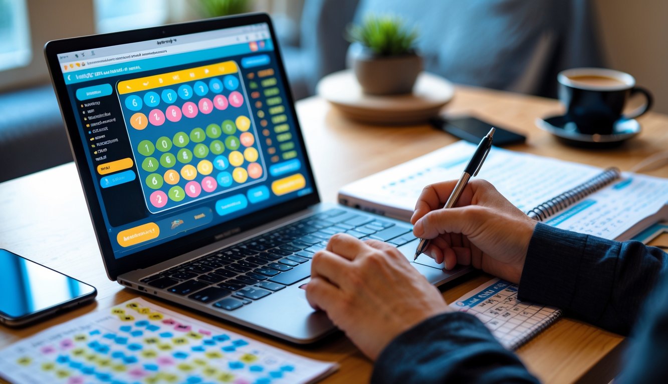 Seseorang sedang bekerja dengan laptop dan catatan strategi angka di meja dalam ruangan yang nyaman.