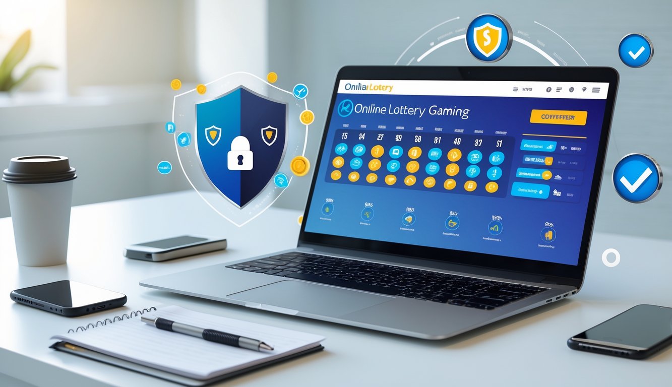 Sebuah ruang kerja modern dengan laptop yang menampilkan situs permainan togel online, dikelilingi oleh simbol keamanan seperti ikon gembok dan perisai, di atas meja minimalis dengan cangkir kopi dan ponsel.