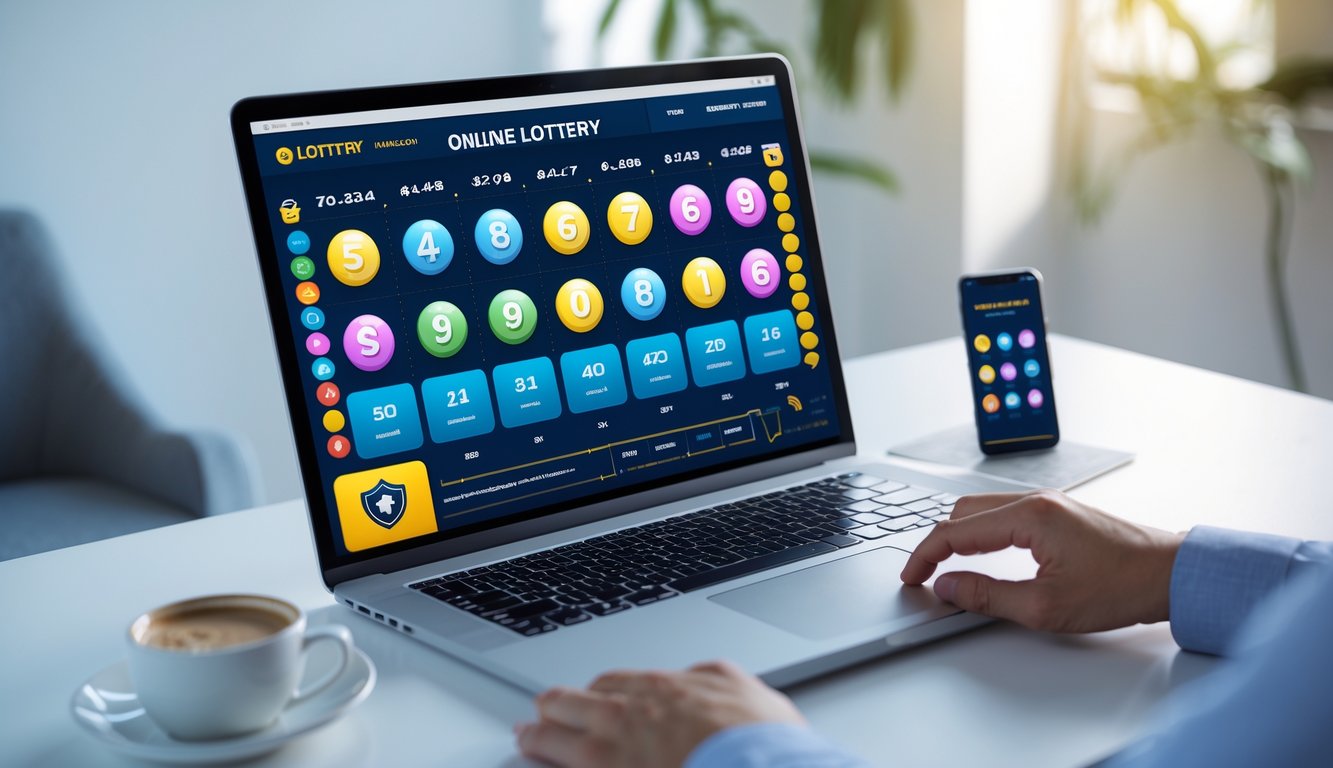 Meja kerja modern dengan laptop dan ponsel yang menampilkan aplikasi togel online, lampu alami, dan suasana profesional.