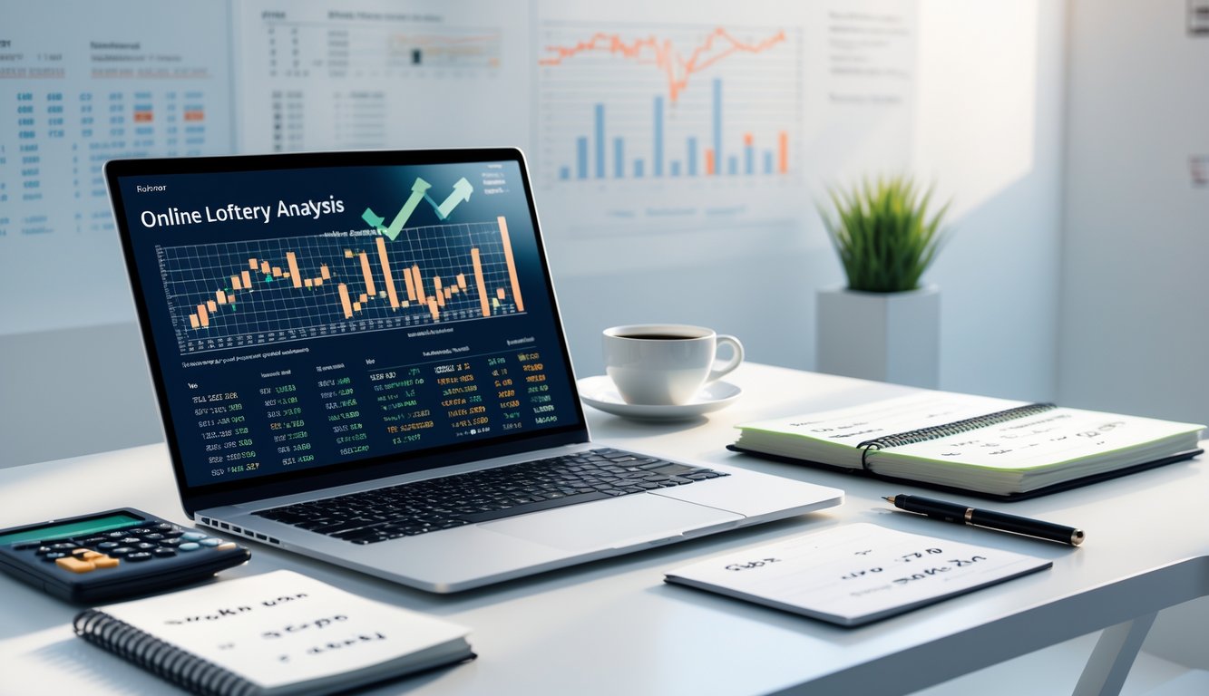 Meja kerja modern dengan laptop menampilkan grafik dan data angka, alat analisis seperti kalkulator dan catatan, serta suasana fokus dan profesional.