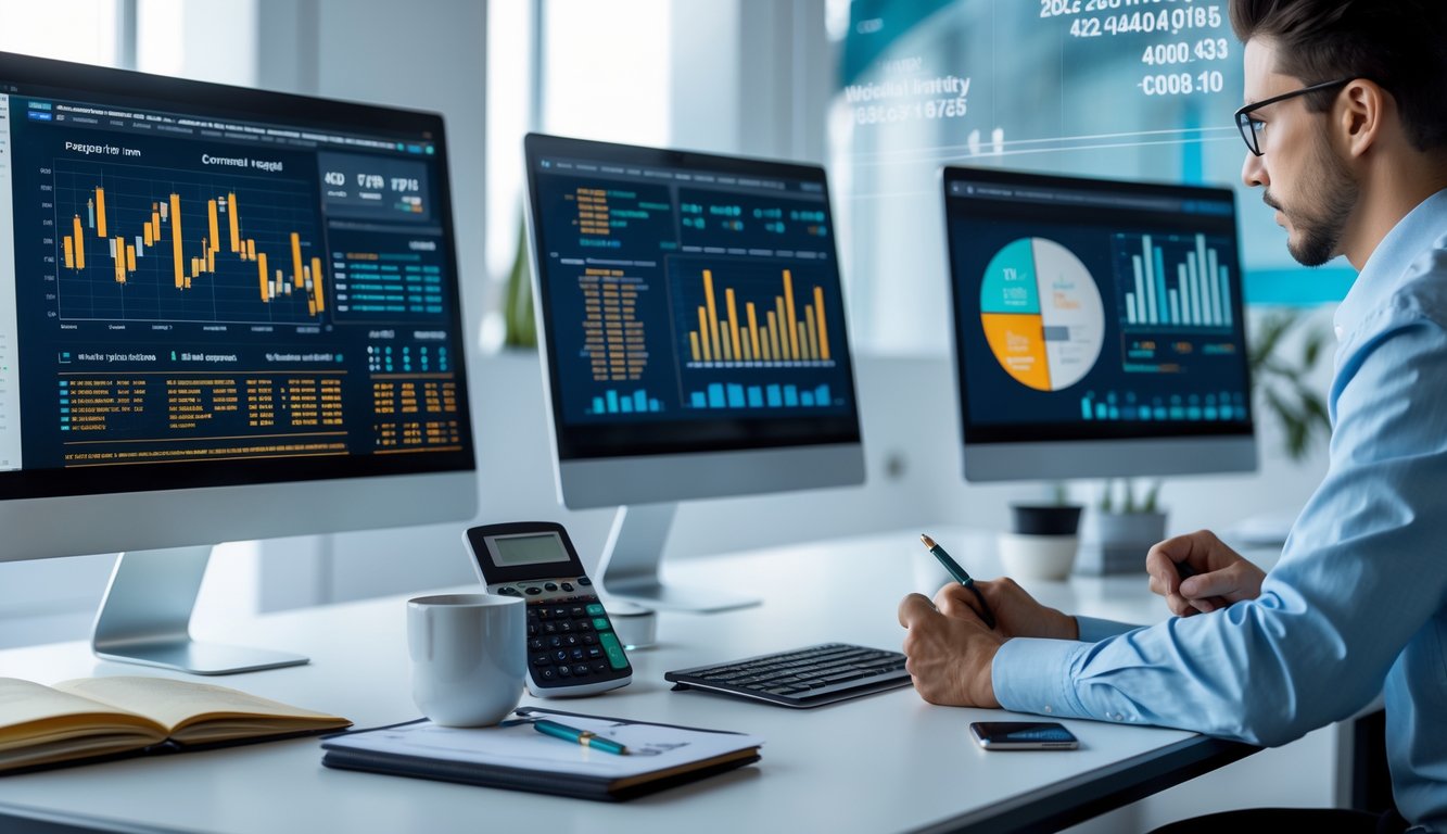 Seorang pria di kantor modern sedang menganalisis data angka pada beberapa layar komputer.