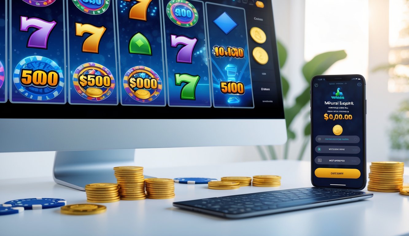 Seorang pengguna sedang bermain slot online di komputer dan smartphone dengan latar belakang elemen kasino seperti chip dan kartu.