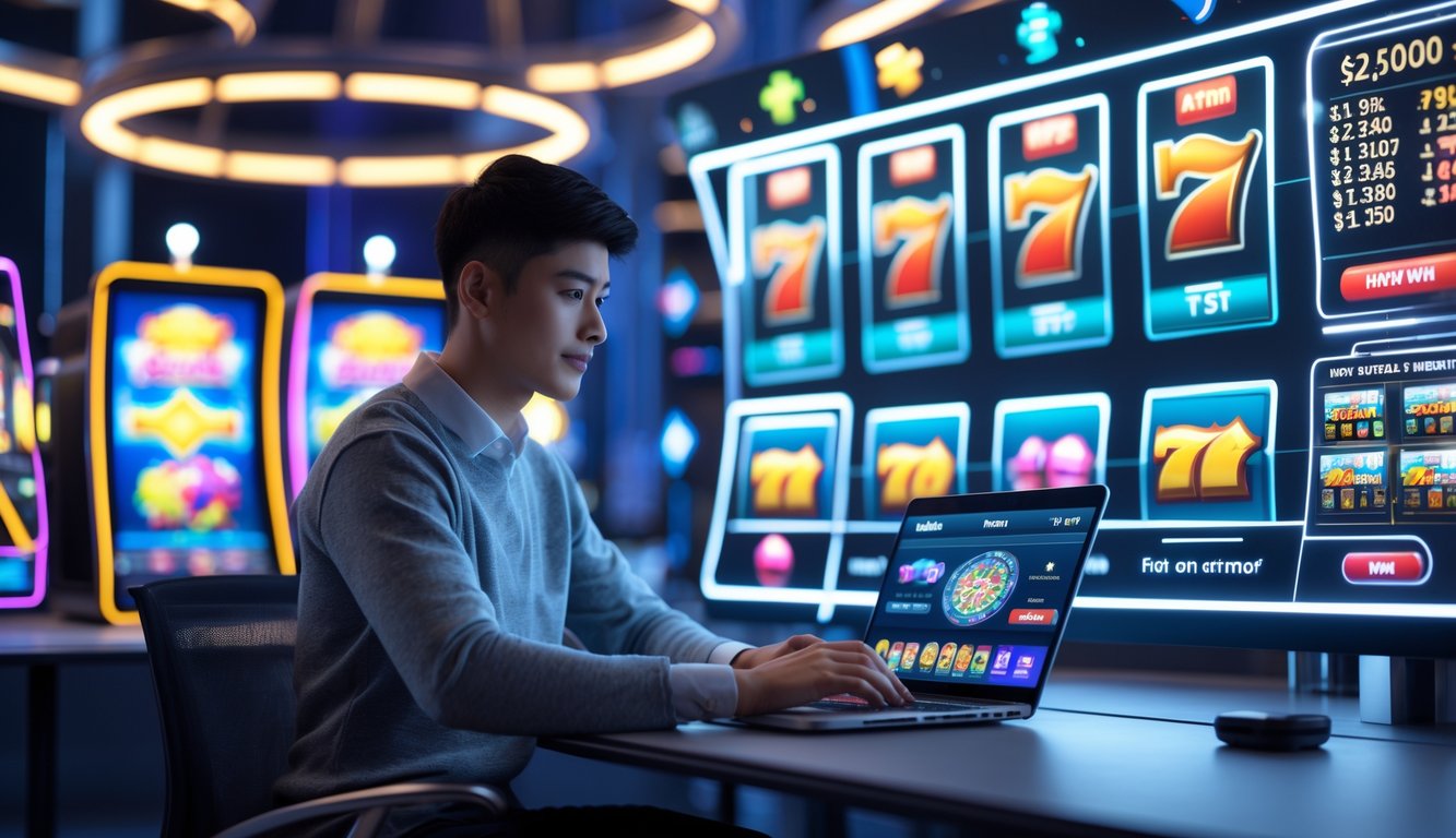 Seorang dewasa muda menggunakan laptop dan ponsel di meja dengan layar menampilkan permainan slot online dan ikon transaksi cepat.