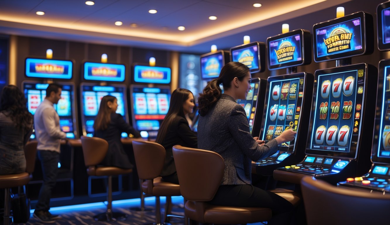 Orang-orang menggunakan mesin slot digital di sebuah ruang permainan modern dengan layar berwarna cerah dan simbol jackpot.