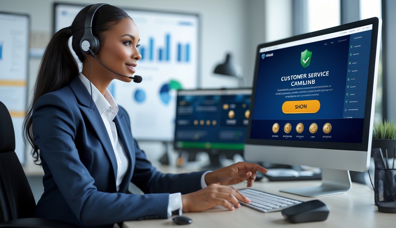 Seorang agen layanan pelanggan yang percaya diri sedang membantu klien di kantor modern dengan komputer yang menampilkan platform online yang aman.