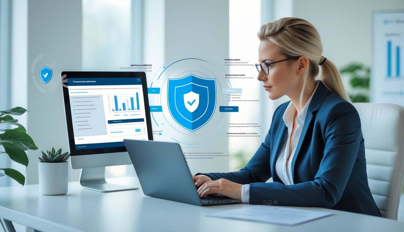 Seorang profesional sedang duduk di meja kantor modern, memeriksa dokumen dan data di laptop dan tablet dengan fokus.