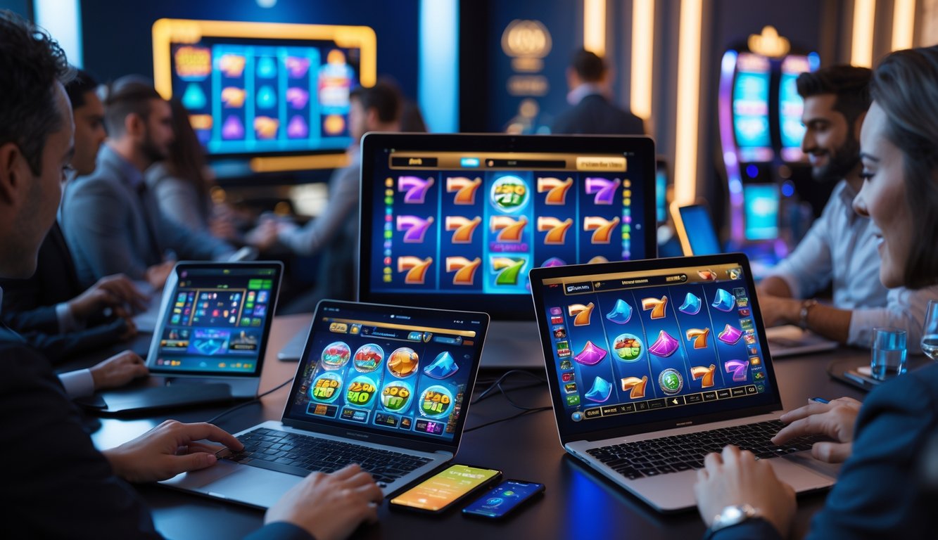 Beberapa orang menggunakan perangkat digital untuk bermain permainan slot online di ruangan yang modern dan terang.