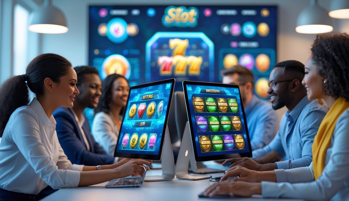 Beberapa orang menggunakan komputer dan ponsel untuk bermain game slot online di lingkungan modern yang cerah dan profesional.