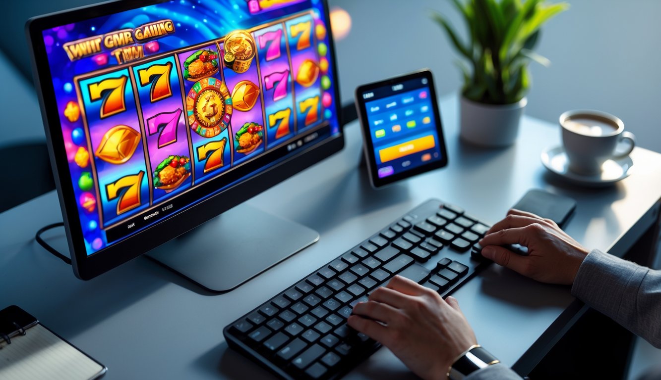 Seseorang bermain permainan slot online di komputer dan ponsel di meja kerja yang rapi.