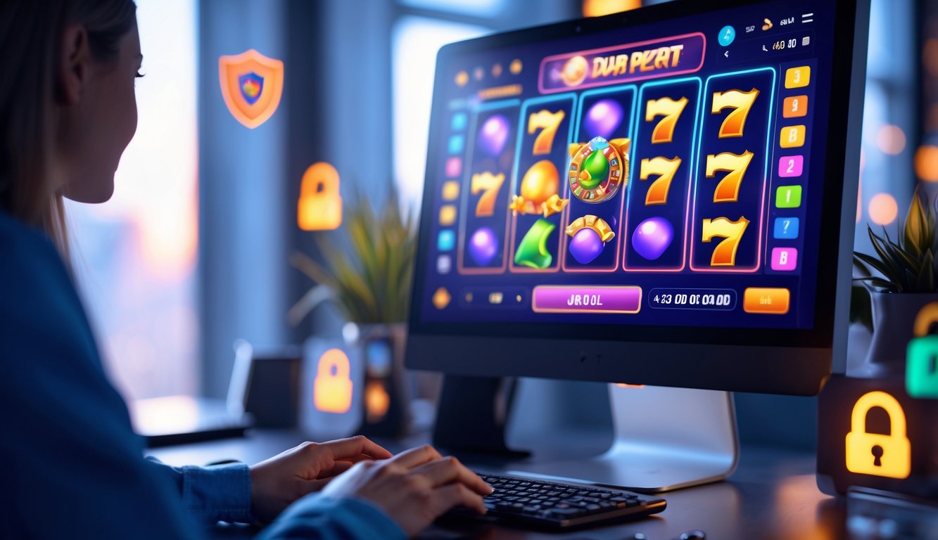 Seseorang sedang bermain permainan slot online di komputer dengan layar menampilkan grafik mesin slot berwarna-warni dan simbol buah serta jackpot.
