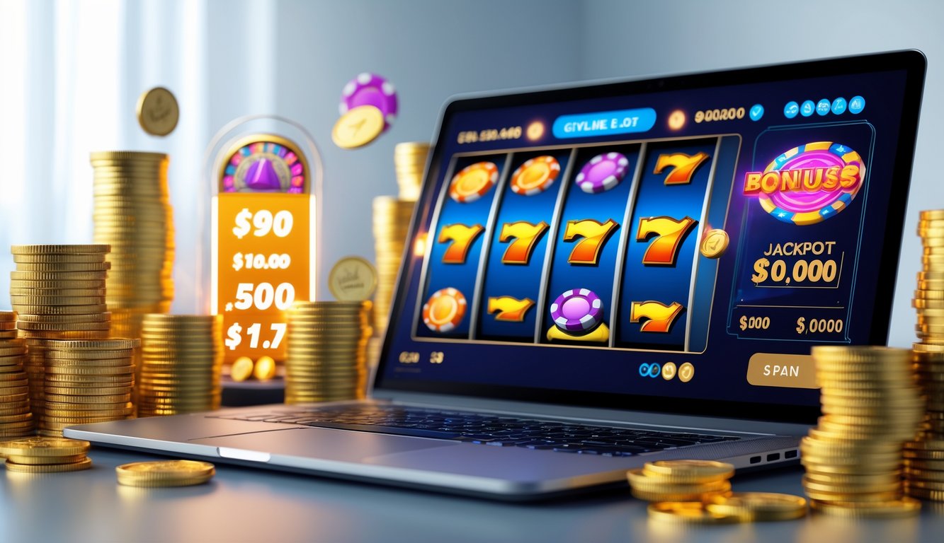 Sebuah komputer dengan layar menampilkan permainan slot online berwarna-warni, dikelilingi tumpukan koin emas dan chip kasino, menggambarkan suasana judi slot online terpercaya dengan bonus dan jackpot besar.