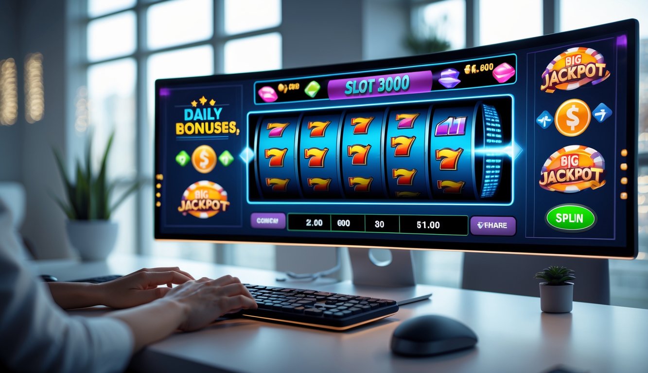Seorang pemain sedang menggunakan komputer dengan layar menampilkan permainan slot online dengan simbol jackpot dan bonus, di lingkungan kerja yang modern dan terang.