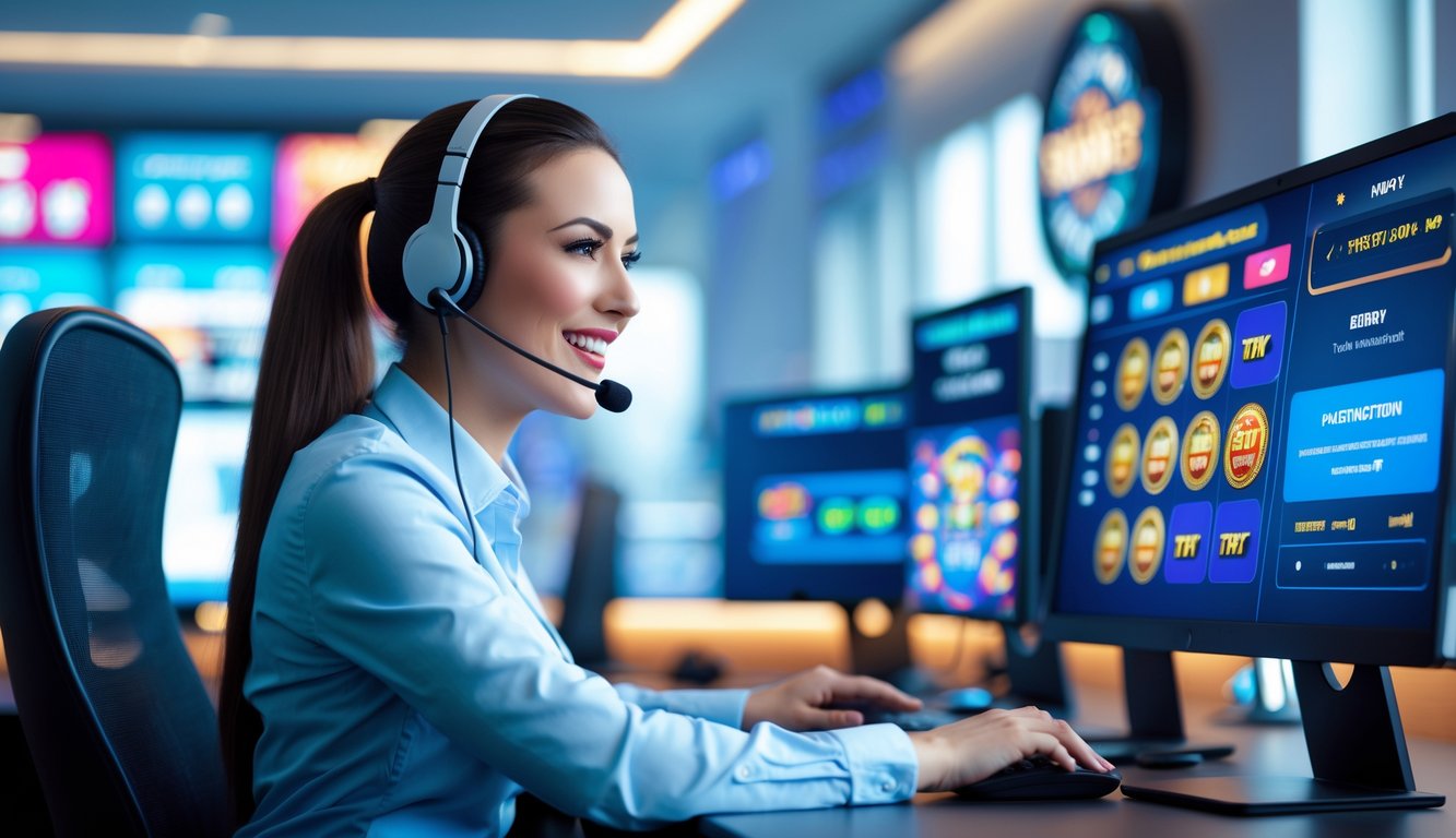 Seorang perwakilan layanan pelanggan sedang berbicara dengan klien melalui komputer di kantor yang terang dan modern dengan layar digital menampilkan proses transaksi cepat dan permainan slot.