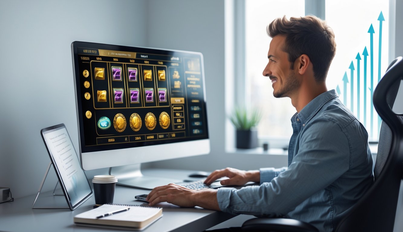 Seseorang duduk di meja komputer modern fokus bermain permainan slot online dengan suasana ruangan yang terang dan tenang.