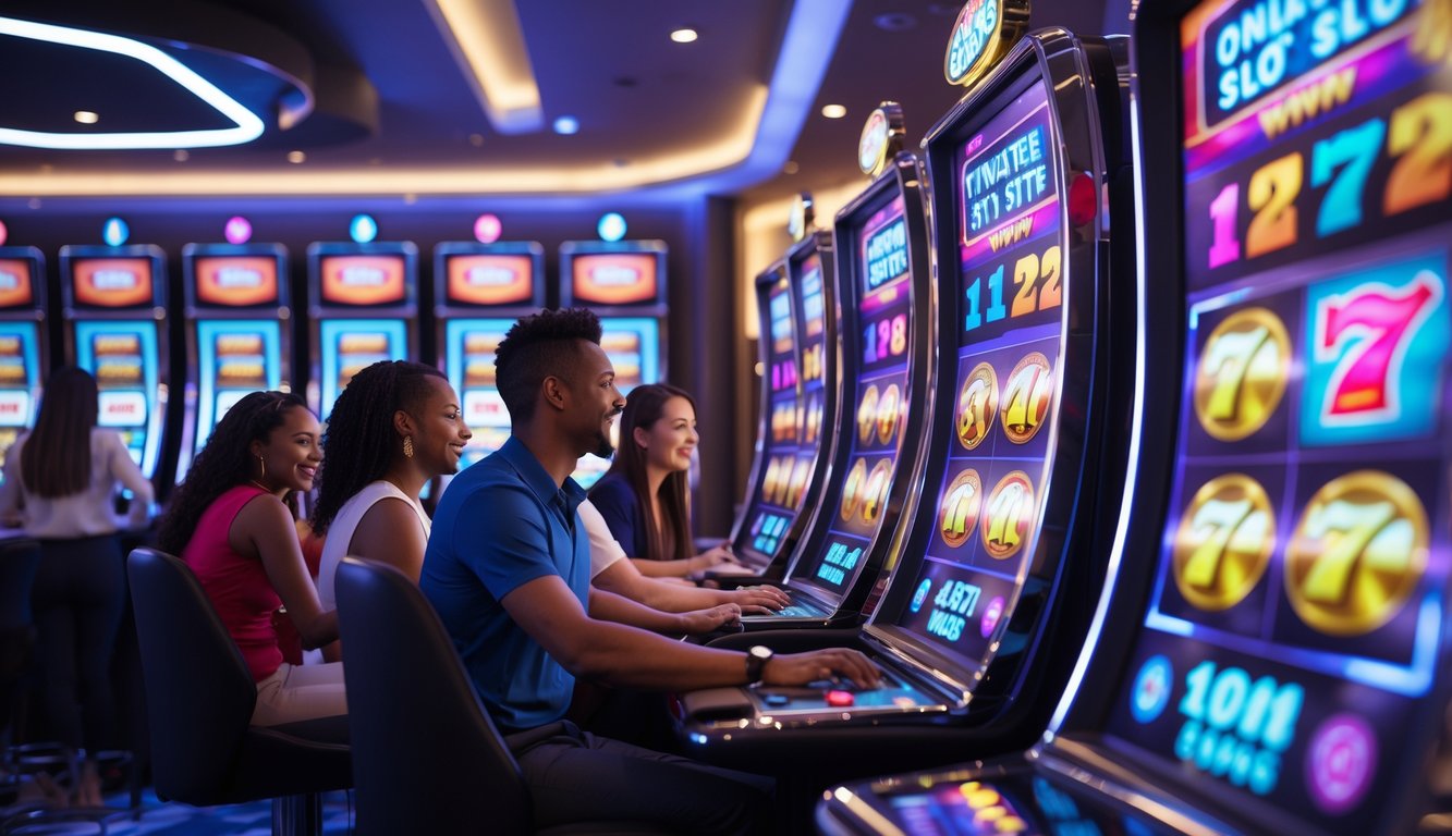 Orang-orang bermain mesin slot digital di lingkungan kasino modern dengan layar berwarna cerah dan indikator jackpot.