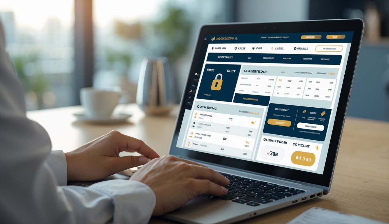 Seseorang menggunakan laptop atau ponsel di ruang kerja modern dengan tampilan antarmuka taruhan sabung ayam online yang aman dan mudah.