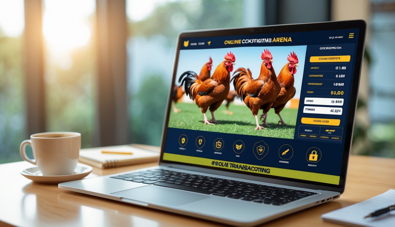 Seorang pengguna melihat platform taruhan sabung ayam online terpercaya di laptop dan ponsel di atas meja kayu dengan suasana tenang dan profesional.