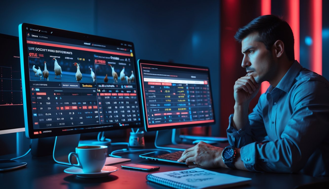 Seorang pria fokus duduk di depan laptop dan ponsel yang menampilkan pertandingan sabung ayam dan peluang taruhan online.