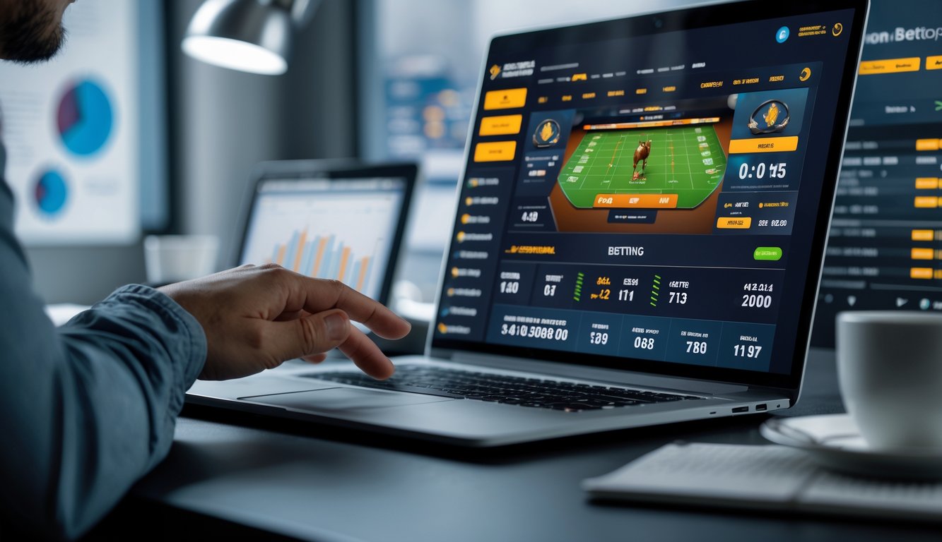 Seseorang sedang menggunakan laptop untuk memasang taruhan pada pertandingan sabung ayam online di sebuah meja kerja.
