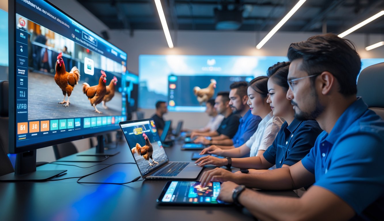 Orang-orang sedang menonton dan memasang taruhan pada pertandingan sabung ayam secara online di sebuah ruangan modern dengan layar komputer besar menampilkan pertandingan secara langsung.